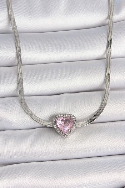 Skygo 316L Steel Silver Color Italian Chain Pink Zircon Stone Heart Model Women's Necklace - Tj-Bko10119