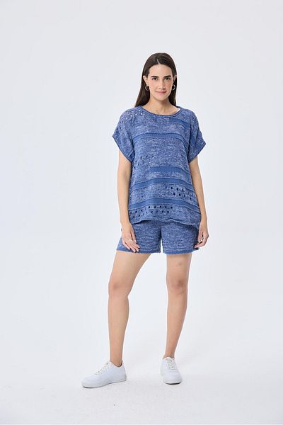 Peraluna , Sarah, Ajour, Bluză de tricotaj de vară pentru femei - DENIM MIX