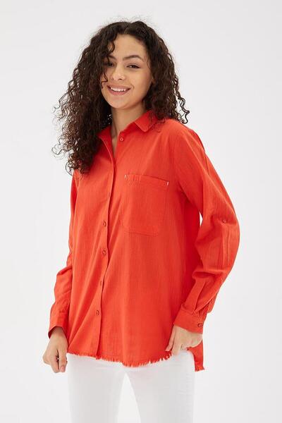 Nazen Giyim Long Sleeve Pocket Red Women's Shirt 0390-2Y5