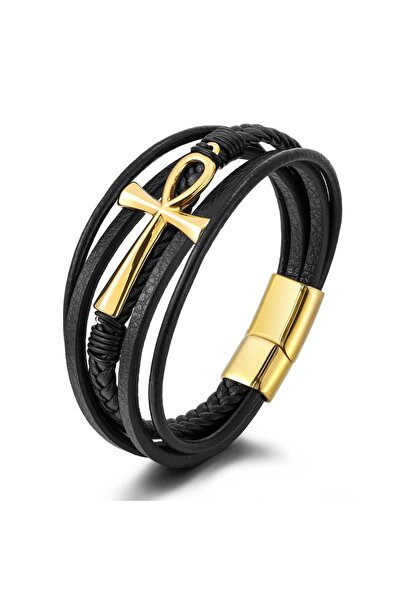 TORO NERO Brățară bărbătească din piele naturală, neagră și aurie, Cruce