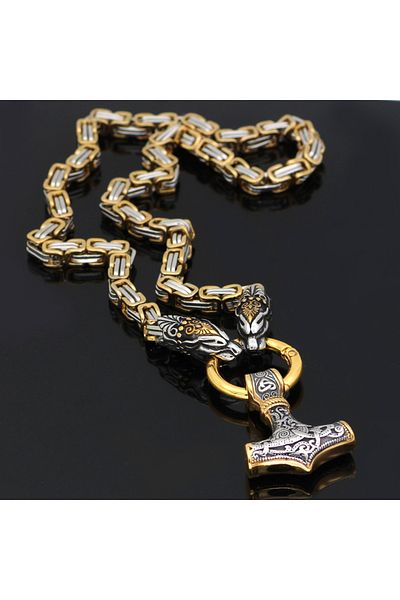 Viking Dragon Dragon Head Norse Motif Thor Mjollnir & King Chain 316L Steel Pendant