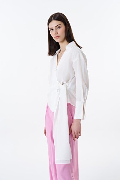 Quzu Önü Bağlama Detaylı Bluz_ Ekru