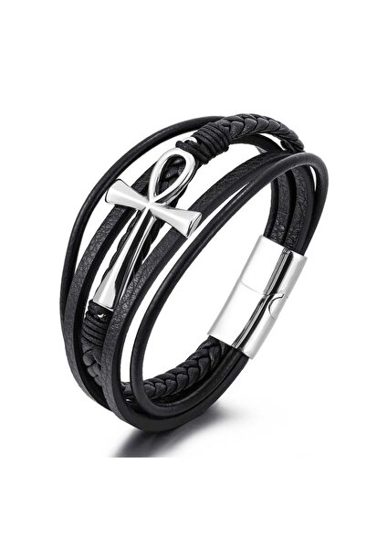 TORO NERO Brățară bărbătească din piele naturală, negru-argintiu, Cruce