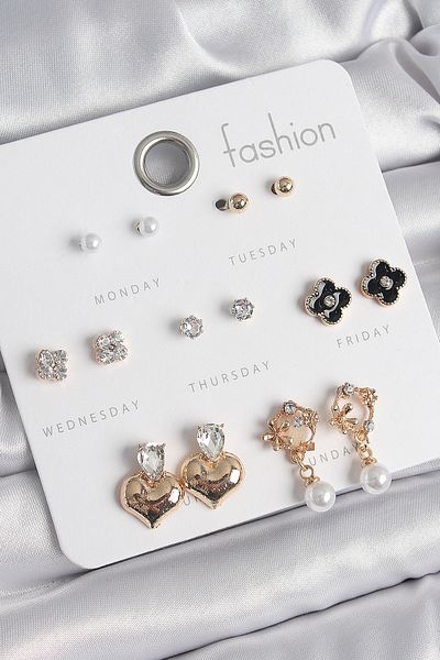 Skygo Brass Gold Color Zircon Stone Heart Figure Black Clover Detail 7 Pair Women Earrings Set - Tj-Bkp10541