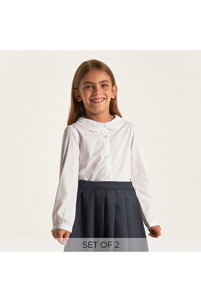 Juniors Set Of 2- Juniors Solid Long Sleeves Shirt With Embroidered Peter Pan Collar