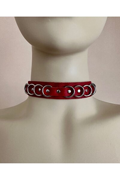 İntive Lingerie Accesoriu pentru gât reglabil roșu cu detaliu inel din piele naturală