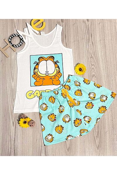 Intisimo Pijamale de vară, damă, bumbac, Garfield, albastru/alb - M-L