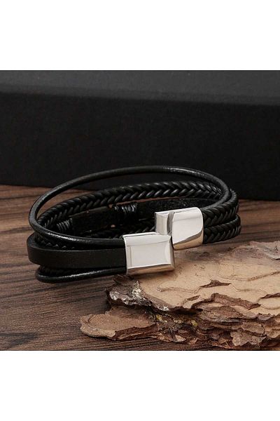 Toro Nero Brățară bărbătească din piele naturală neagră cu busolă
