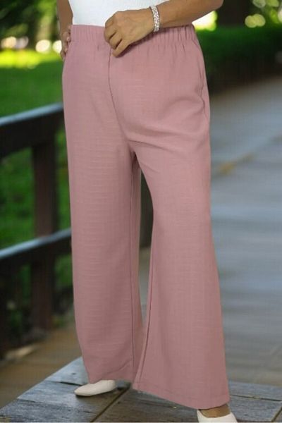 yagmurberen Plus Size Patterned Elastic Waist Full Lycra Virgin Mary Sand Trousers