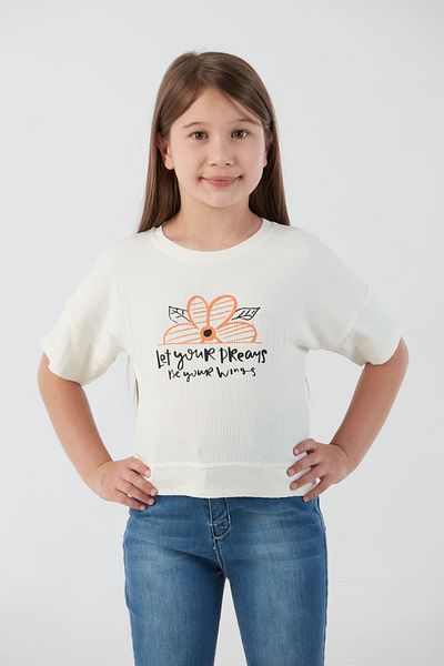 Fulla Moda Ribbed Text Printed Lycra Girl's T-Shirt