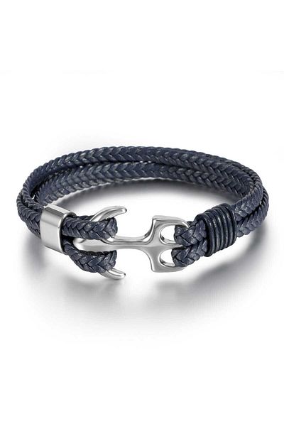 Toro Nero Brățară bărbătească din piele naturală, bleumarin și argintiu, Ancoră