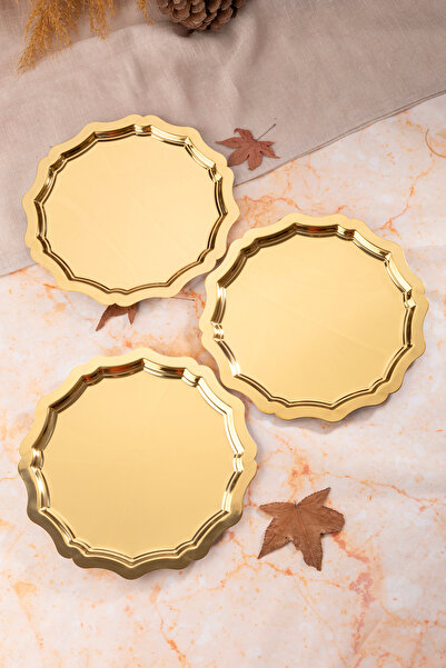 Aslı Hediyelik 3'lü 24 Cm Dalgalı Yuvarlak Gold Dekoratif Çay, Kahve, İkramlık, Pasta Sunum servis Tepsisi