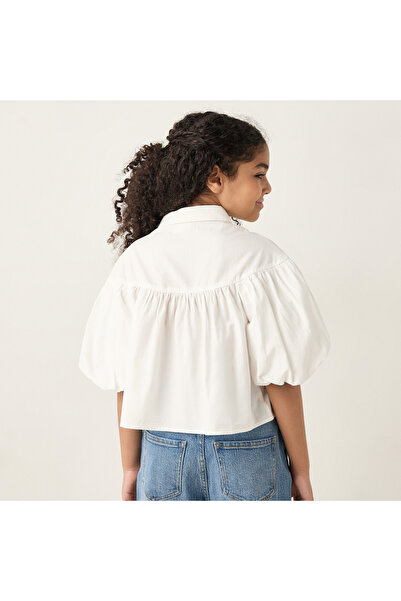 Juniors Floral Accent Collared Top With Balloon Sleeves