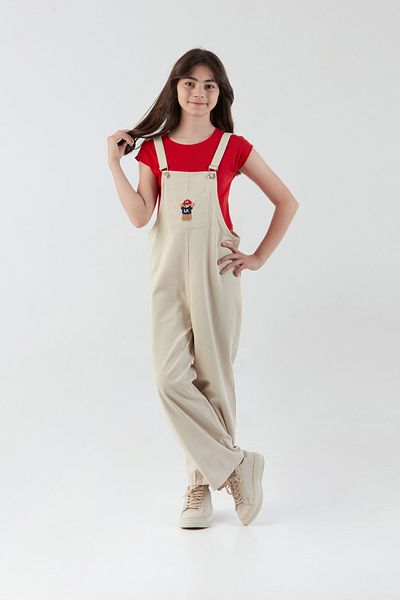Fulla Moda 100% Cotton Teddy Bear Embroidered Girl's Jumpsuit with Pocket Detail