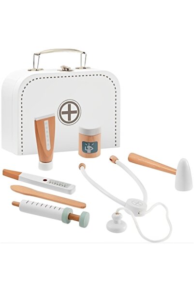 ideal STORE Trusă medicală pentru copii, din lemn, premium, IdealSTORE, include accesorii medicale și geantă de depozitare, albă