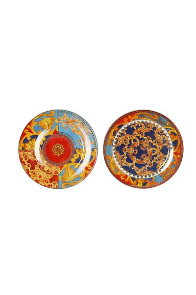 Lucky Art Florance Bone China - Set of 4 Blue and Red Baroque Patterned Dinner Plates 27cm Lyhd617