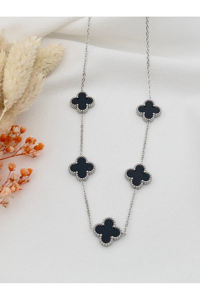 Siya Silver Double Sided Clover Model Steel Necklace