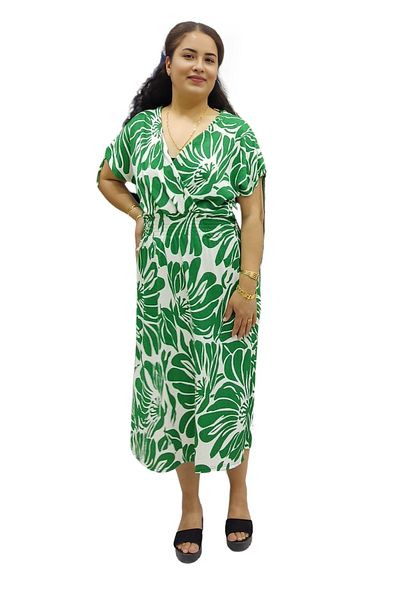 CALİENTE Abstract Pattern Double Breasted Neckline Shirred Shoulder Detail Elastic Waist Seersucker Dress