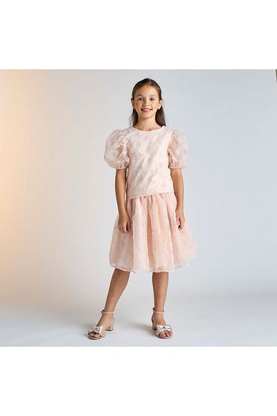 Juniors Floral Textured Top With Puff Sleeves And Zip Closure