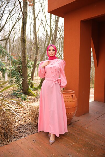 Esre Store 4586 - Çiçek Detaylı Tesettür Elbise Pembe