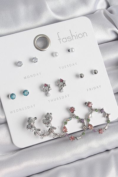 Skygo Brass Silver Color Zircon Stone Rose Figure Hoop Model 7 Pairs Women Earrings Set - Tj-Bkp10544