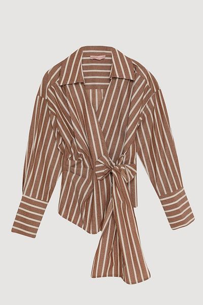 Quzu Blouse with Tie Front Detail Brown