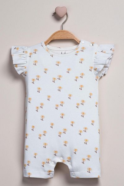 Mini Ropa 100% Cotton Daisy Patterned Summer Baby Romper – Short Sleeve, Ruffled Sleeve, Snap Fastener