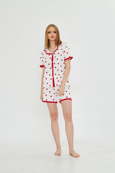 ESPİNA Women's Short Sleeve Button Front Heart Patterned Shorts Pajama Set
