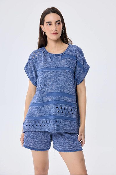Peraluna , Sarah, Ajour, Bluză de tricotaj de vară pentru femei - DENIM MIX