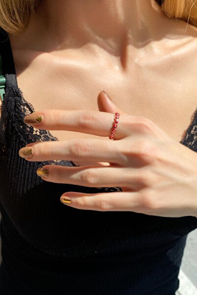 Spossy Silver Jewelry Kırmızı Mineli Tam Tur Yüzük