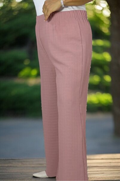 yagmurberen Plus Size Patterned Elastic Waist Full Lycra Virgin Mary Sand Trousers