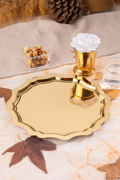 Aslı Hediyelik 1 Adet 24 Cm Dalgalı Yuvarlak Gold Dekoratif Çay, Kahve, İkram...