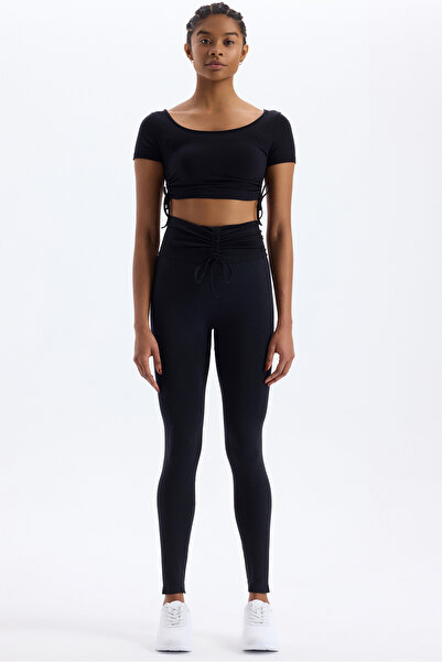 COMEUP Λεπτό καλσόν με λεπτομέρεια με κορδόνι στη μέση, μαύρο