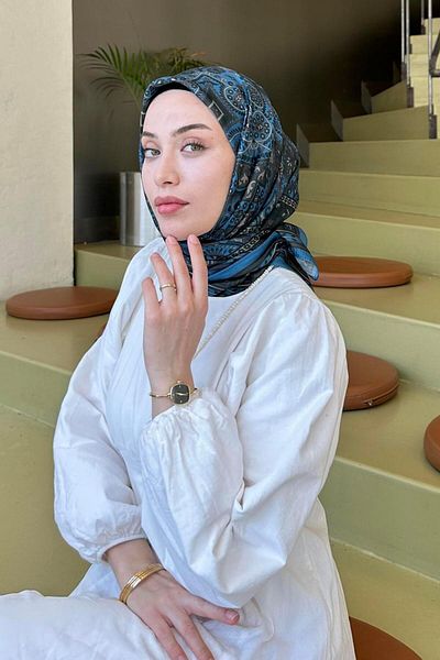 lamelif Μαλακό κασκόλ με ρετρό σχέδιο βενζίνης μπλε