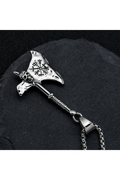 Viking Skull of Compass Detailed Nordic Mythology Axe 316L Steel Men's Necklace