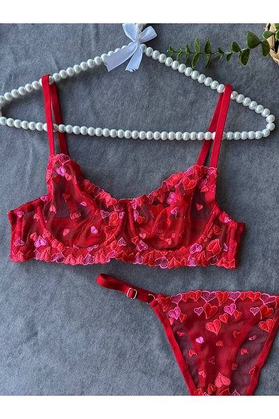 La Linaa Love Red Heart Patterned Thong Panty Bra Set