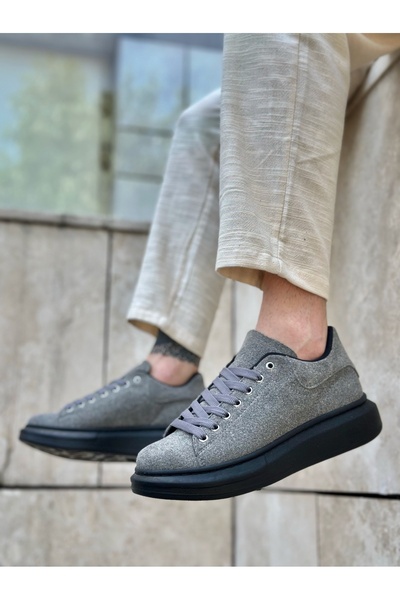 BOA BA0547 Αθλητικά ανδρικά παπούτσια με χοντρή ψηλή σόλα γκρι μαύρο σουέτ με κορδόνια