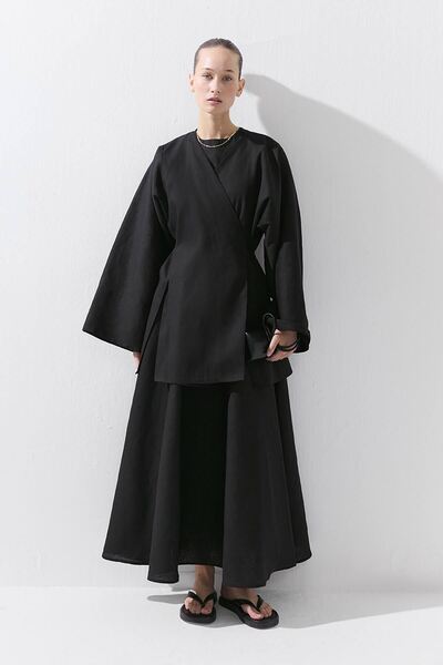 Hooopstore Lyocell Linen Black Skirt with Elastic Waist