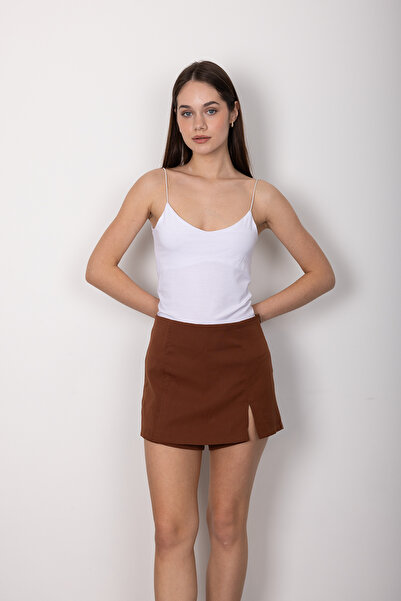 Stil Sepeti Kadın Kahve Yırtmaçlı Mini Şort Etek ST-1000245010