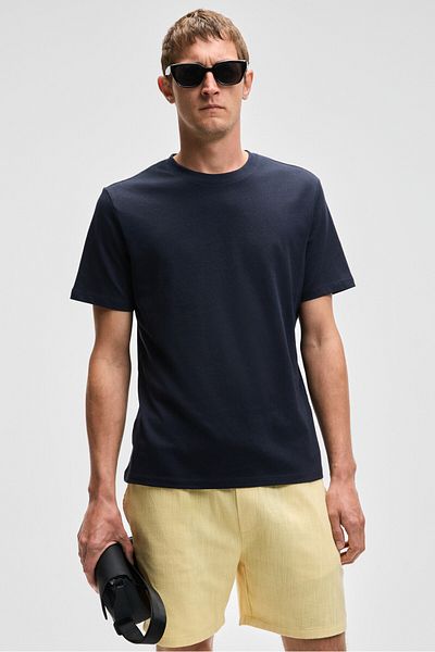 GRIMELANGE Mocassin Men's 100% Cotton Relaxed Fit Round Neck Short Sleeve Navy Blue T-Shirt