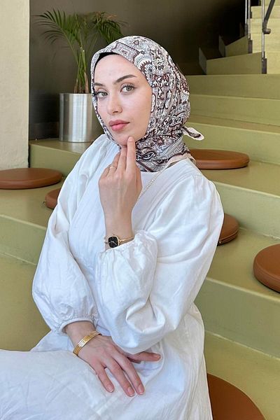 lamelif Μαλακό κασκόλ με ρετρό σχέδιο μπεζ