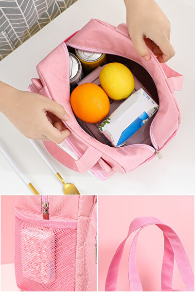 Ecrou Pink Cat Patterned Thermal Food Lunch Bag - 20x24x12 Cm