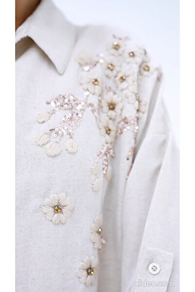 MVStore Women's Floral Patterned Embroidery Embroidered Stone Detailed Linen Oversize Shirt and Trousers