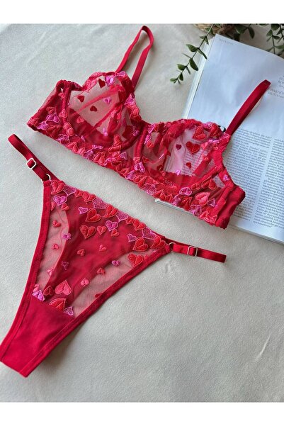 La Linaa Love Red Heart Patterned Thong Panty Bra Set
