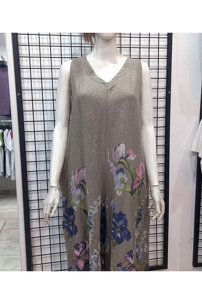 Butik Şans Floral Print Detailed Halter Neck Pocket Italian Linen Jumpsuit