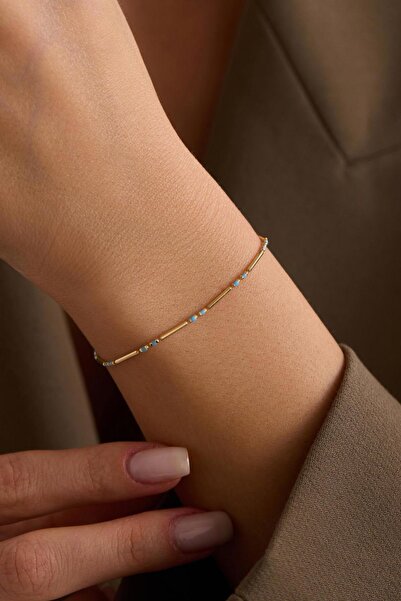 Bayar Gold 14 Ayar Altın Turkuaz Mineli Çubuk Bileklik