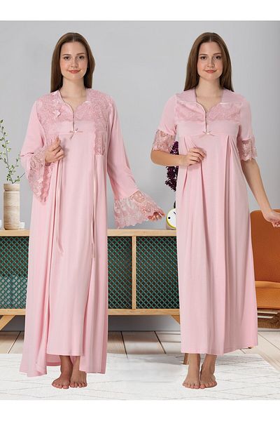 LOHOUSE Powder Special Lace Cotton Maternity Nightgown-Dressing Gown and Pajama Set Set of 4