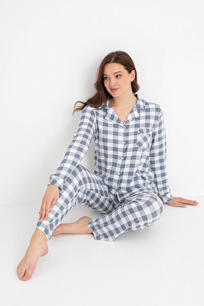 DOFİ Dofi Women's Gray Gingham Pajama Set with Buttons, Pocket Detail, Long Sleeve