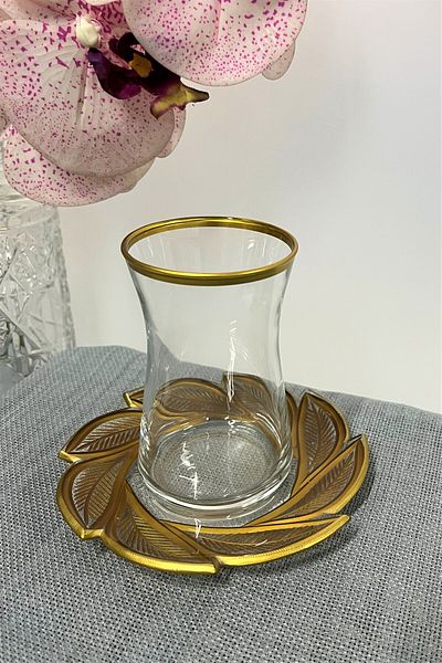 DECOSTYLE 12 Piece Tea Set with Pasabahce Heybeli Leafy Model Hand Decor Cut Gold Detail