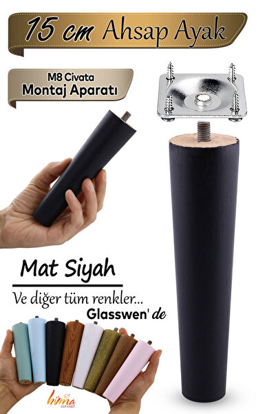 GLASWEN Picior din lemn 15 cm negru cu șuruburi M8, accesorii de conectare, mobilier dulap, scaun, canapea, picioare de susținere